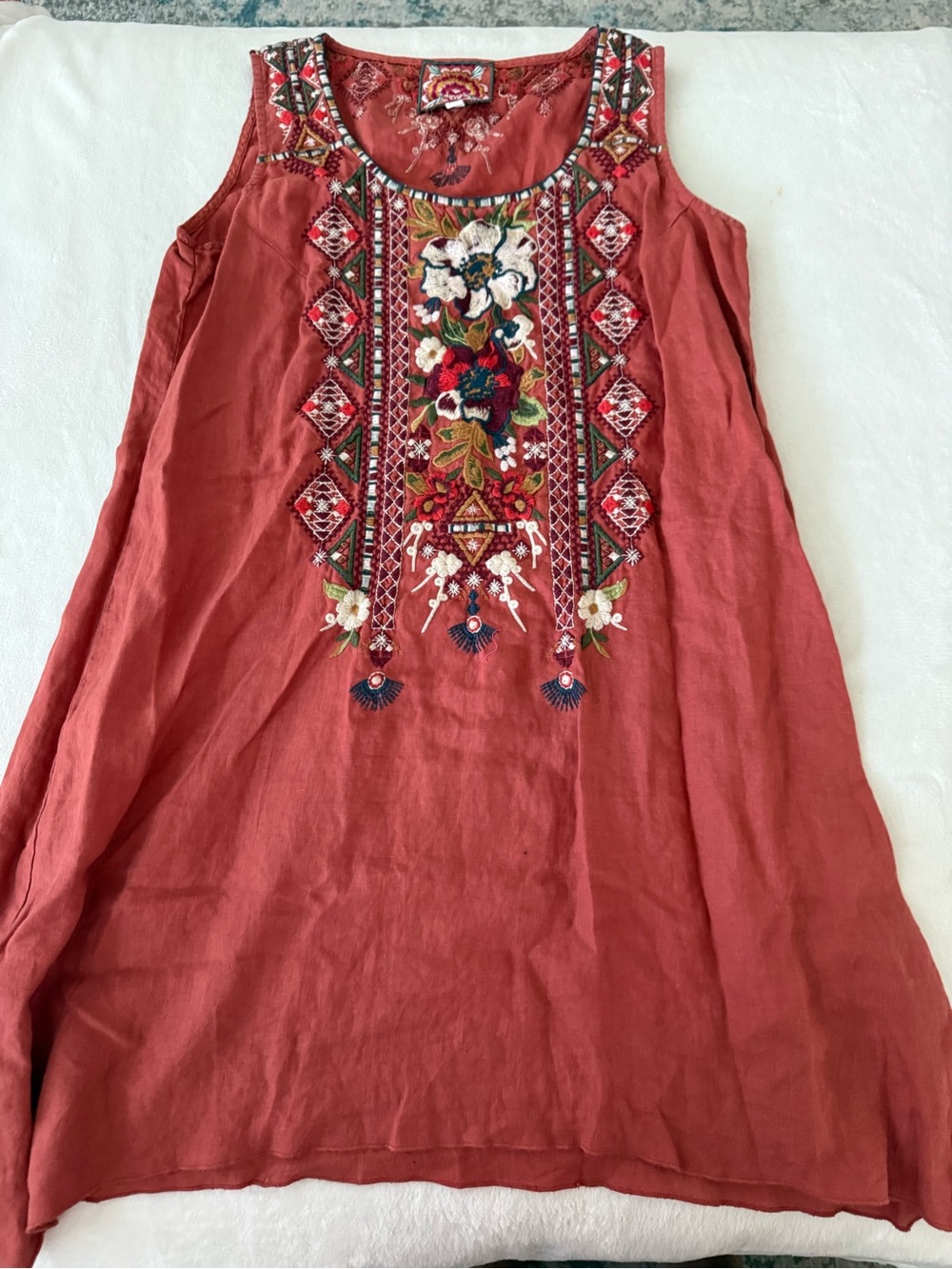 Johnny Was Linen Dress Women's Small Orange Fall Embroidered Beatriz Trapeze D78